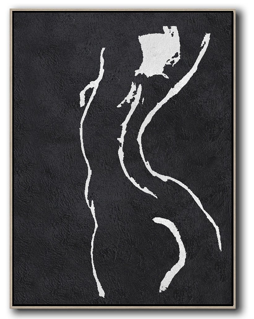 Hand-Painted Black And White Minimal Painting On Canvas - Russian Art Study Extra Large